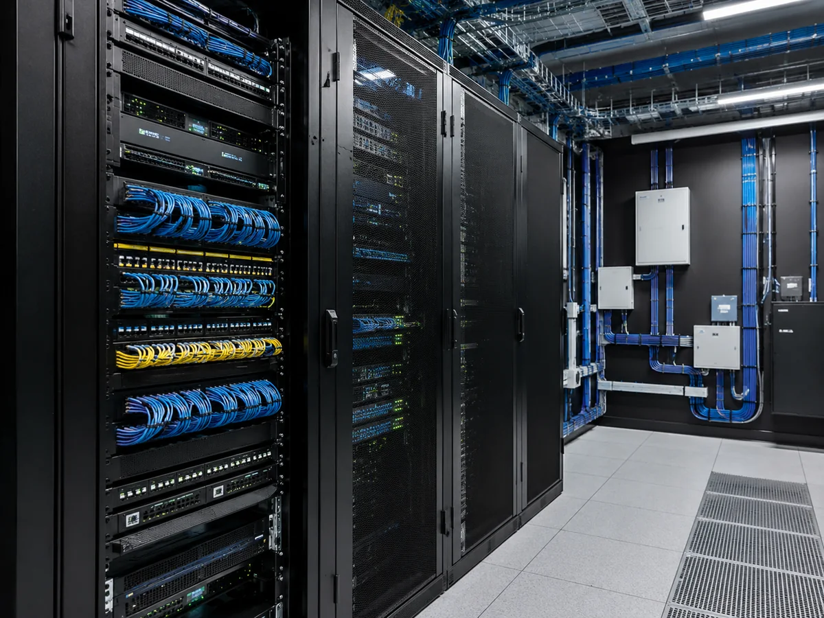 Técnico trabajando sobre infraestructura de comunicaciones